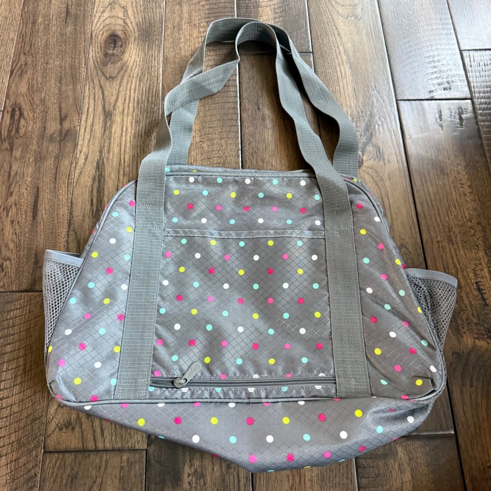 Thirty-One Gray Polka Dot Zip-Top Utility Tote Bag Gray Multi Color Mesh Pockets